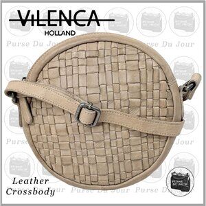 Vilenca Holland Beige Taupe Woven Leather Round Sling Crossbody Purse TK171